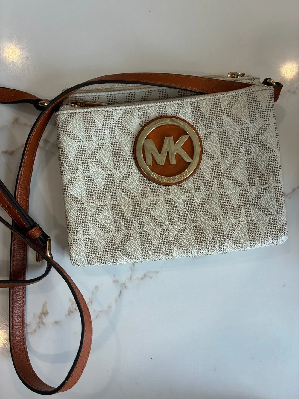 Michael Kors Beige Signature Crossbody with Brown Trim and Gold MK Emblem